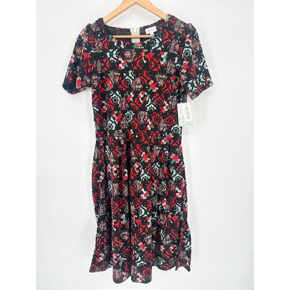 Women's LuLaRoe Amelia Dress Size 2XL Christmas Red Green Geometric Aztec Print